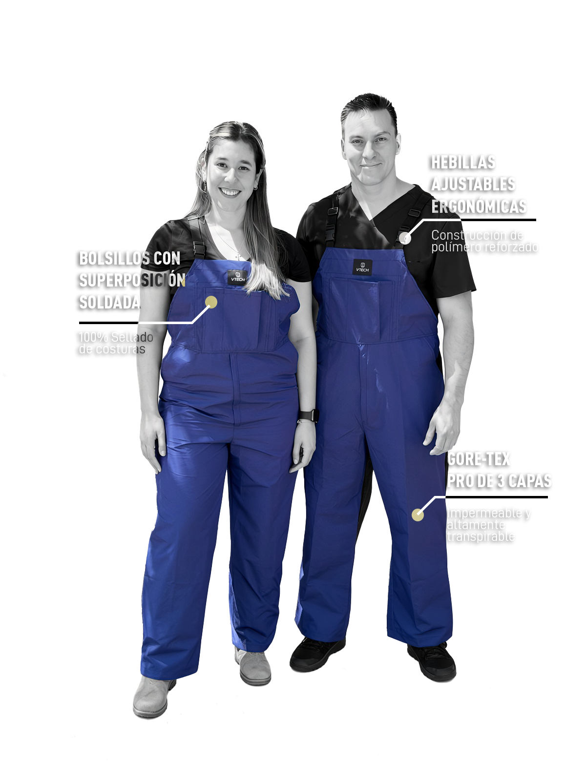 Dos modelos con overoles V-TECH azules mostrando bolsillos sellados, hebillas ajustables y tejido impermeable de tres capas